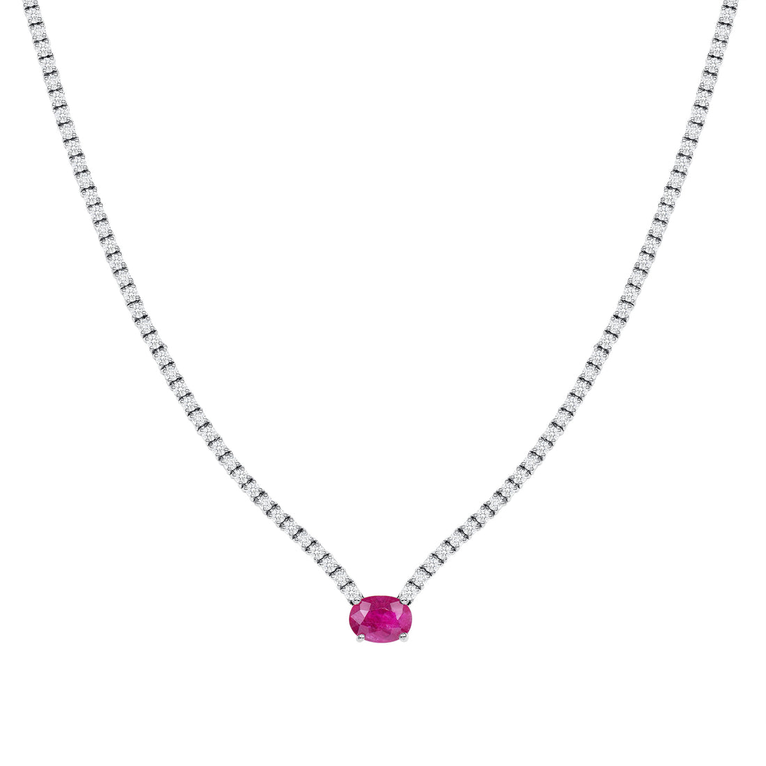 Oval Shaped Ruby Center Tennis Necklace