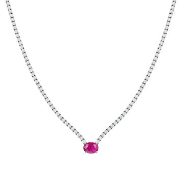 Oval Shaped Ruby Center Tennis Necklace
