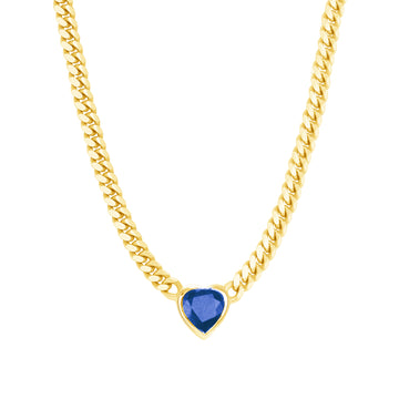Gold Bezel Heart Shaped Blue Sapphire Cuban Link Necklace