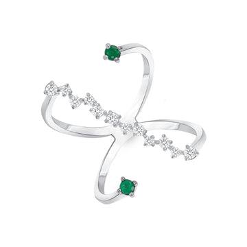 Open Crossover Diamond and Emerald Ring